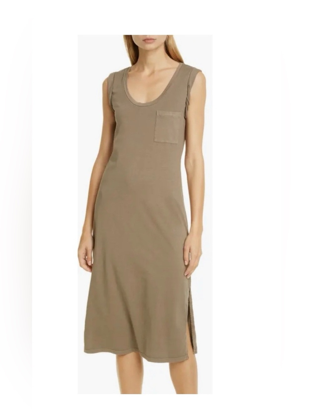 Theory Pima Cotton Sleeveless Muscle Tee Midi Dress, Size Large, Cargo Brown